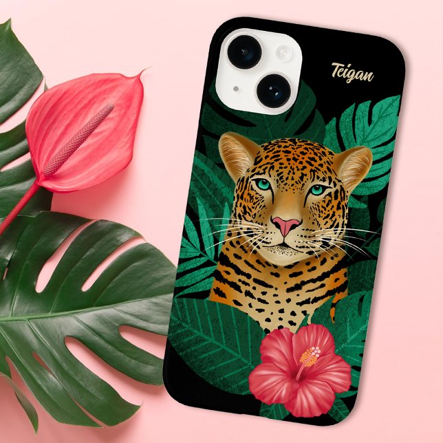 Pretty Jungle Leopard Floral Art | Black | Name Case-Mate iPhone Case (Creator Uploaded)