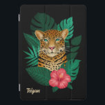 Pretty Jungle Leopard Floral Art | Black | Name iPad Pro Cover<br><div class="desc">This stunning ipad cover features a hand drawn / painted leopard, with tropical jungle leaves and a bright pink hibiscus flower over a custom colour background (shown in black). A text template is included for easy personalisation. Modern, beautiful, and unique - makes a great gift! *Artwork / Illustration by Tracey...</div>