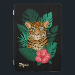 Pretty Jungle Leopard Floral Art | Black | Name iPad Pro Cover<br><div class="desc">This stunning ipad cover features a hand drawn / painted leopard, with tropical jungle leaves and a bright pink hibiscus flower over a custom colour background (shown in black). A text template is included for easy personalisation. Modern, beautiful, and unique - makes a great gift! *Artwork / Illustration by Tracey...</div>