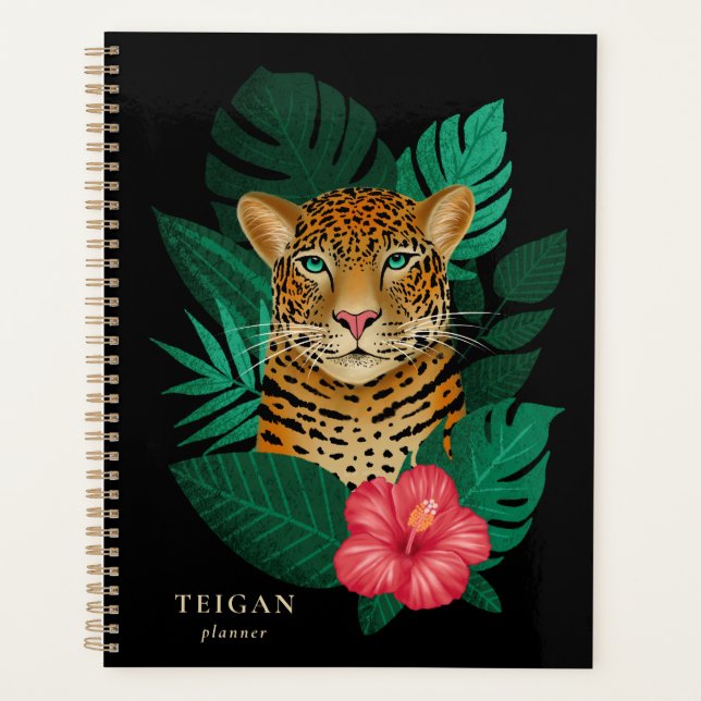 Pretty Jungle Leopard Floral Art | Black | Name Planner (Front)