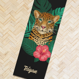 Pretty Jungle Leopard Floral Art Black Name Yoga Mat