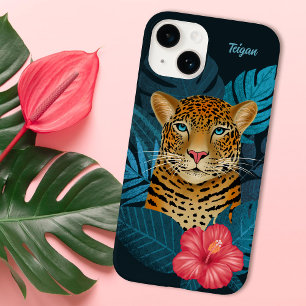 Pretty Jungle Leopard Floral Art Blue Name iPhone 14 Case