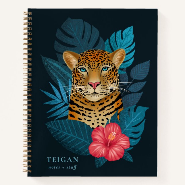 Pretty Jungle Leopard Floral Art | Blue | Name Notebook (Front)