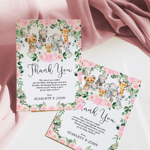Pretty Jungle Wild Animals Pink Floral Baby Girl Thank You Card
