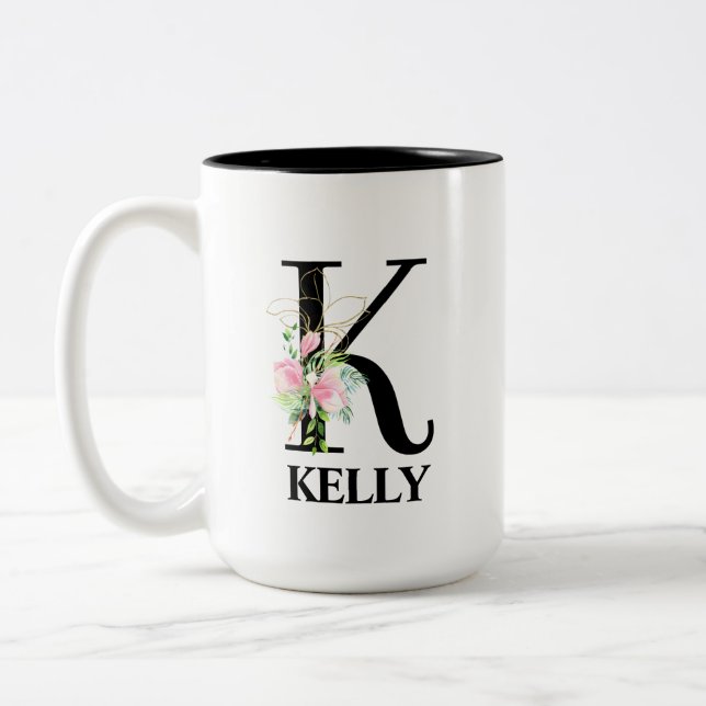 Pretty K Monogrammed Initial Alphabet Two-Tone Coffee Mug (Left)