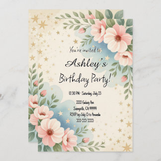 Pretty Kids Space Flower Themed Birthday Party  Invitation