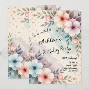 Pretty Kids Space Flower Themed Birthday Party Invitation