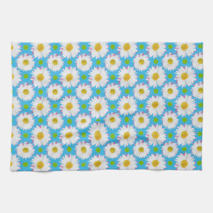 Pretty Kitchen Towel: Daisies, Polkas on Turquoise Tea Towel