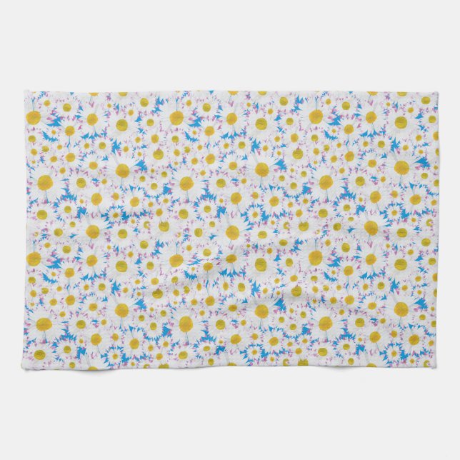 Pretty Kitchen Towel: Ditzy Daisies on Blue Tea Towel (Horizontal)