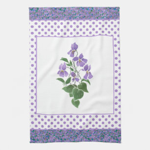 Pretty Kitchen Towel, Violets and Polka Dots Tea Towel