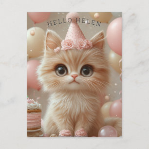 Pretty Kitten Birthday Hat Cake Balloons Postcard