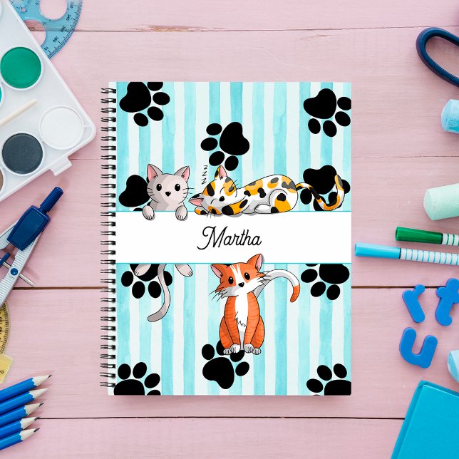 Pretty Kittens & paws, blue striped Spiral Notebook (Creator Uploaded)