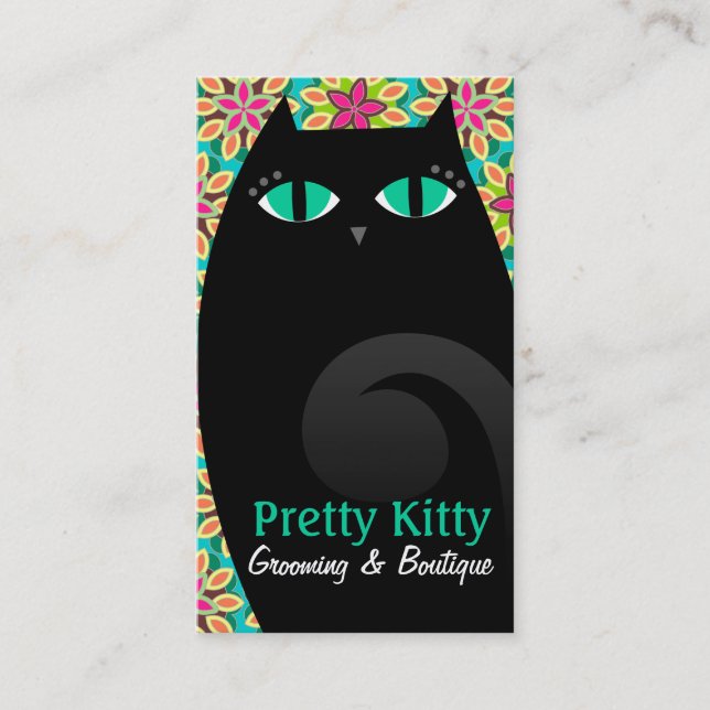 Pretty Kitty Black & Floral Business Card (Front)