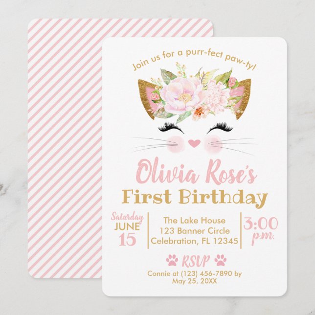 PRETTY KITTY Girl Cat Birthday Invitation (Front/Back)