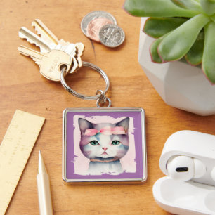 Pretty Kitty With Pink Bow Keychain