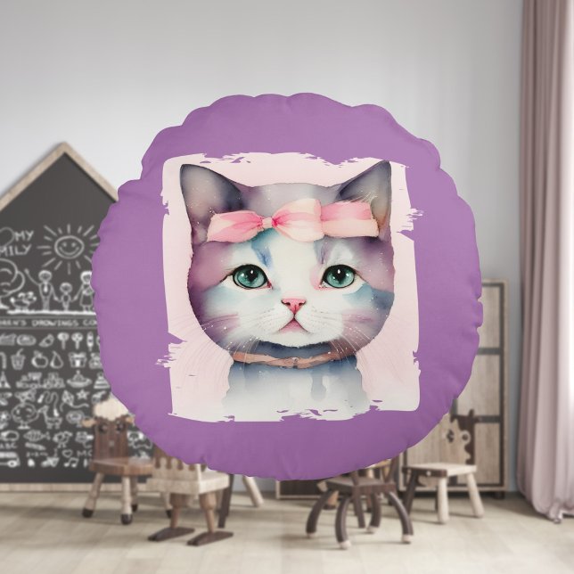 Pretty Kitty With Pink Bow Round Pillow (Creator Uploaded)