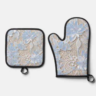 Pretty lace and diamond oven mitt & pot holder set