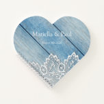 Pretty Lace Blue Wood Heart Shaped Wedding Notebook<br><div class="desc">Very pretty little heart shaped book, with white lace effect on a rustic blue barn wood background. The back cover is matching blue wood effect. These little books make wonderful wedding guest, or note books. You can choose your paper type, and customise the cover text. Many other rustic designs and...</div>