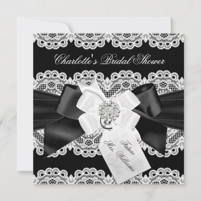 Pretty Lace & Bow Black White Bridal Shower Invite (Front)