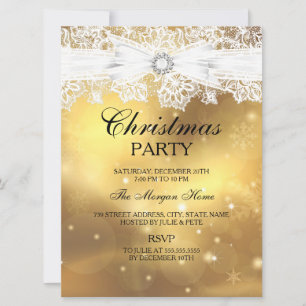Pretty Lace & Bow Gold Christmas Holiday Invite