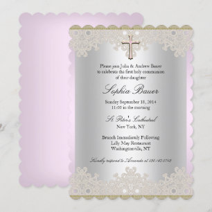 Pretty Lace & Cross Baptism/Christening Invitation