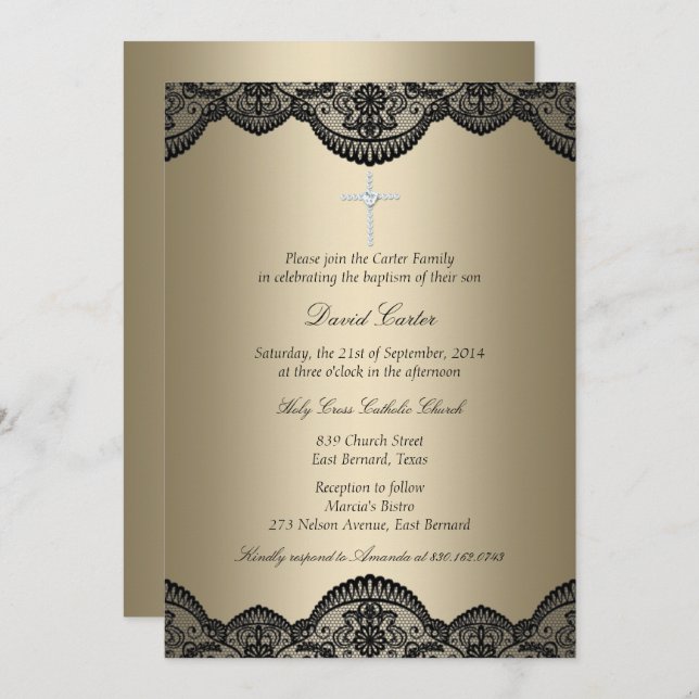 Pretty Lace Cross Gold Baptism Invite (Front/Back)