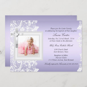 Pretty Lace Cross Purple Baptism/Christening Invitation