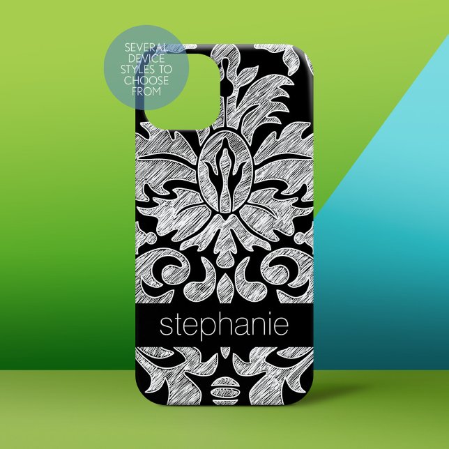 Pretty Lace Damask Pattern Black and White (Personalized Phone Case)