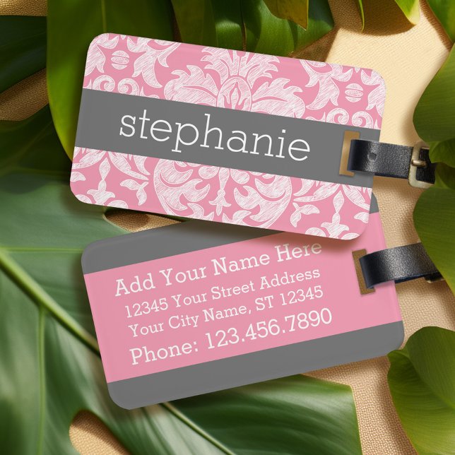 Pretty Lace Damask Pattern Pink Grey Luggage Tag (Personalized luggage tag - pink lace)