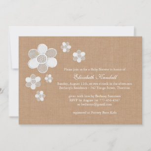 Pretty Lace Flowers on Burlap Baby Shower Invite
