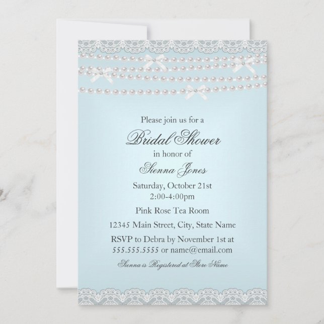Pretty Lace & Pearl Blue Bridal Shower Invitation (Front)