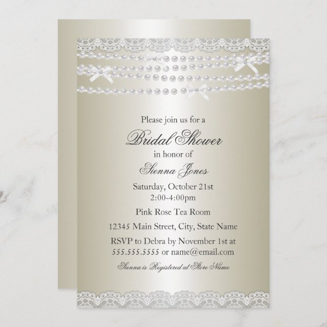 Pretty Lace & Pearl Bridal Shower Invitation (Front/Back)