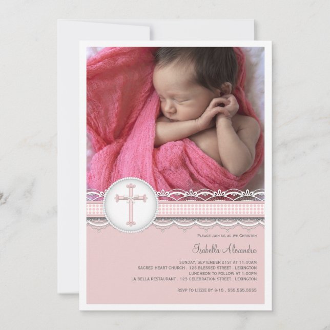 Pretty Lace Photo Christening Invitation (Front)