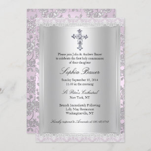 Pretty Lace Pink First Holy Communion Invitation