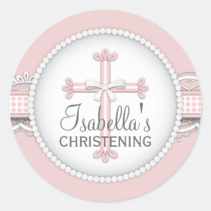 Pretty Lace Religious Celebration Cross in Pink Classic Round Sticker