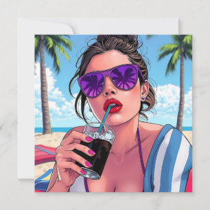 Pretty Lady at Beach Pop Art Blank Card