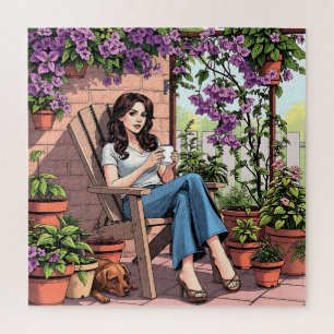 Pretty Lady Drinking Coffee Relaxing Outside Jigsaw Puzzle