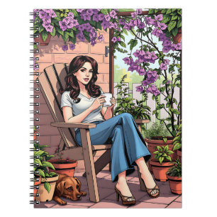 Pretty Lady Drinking Coffee Relaxing Outside Notebook