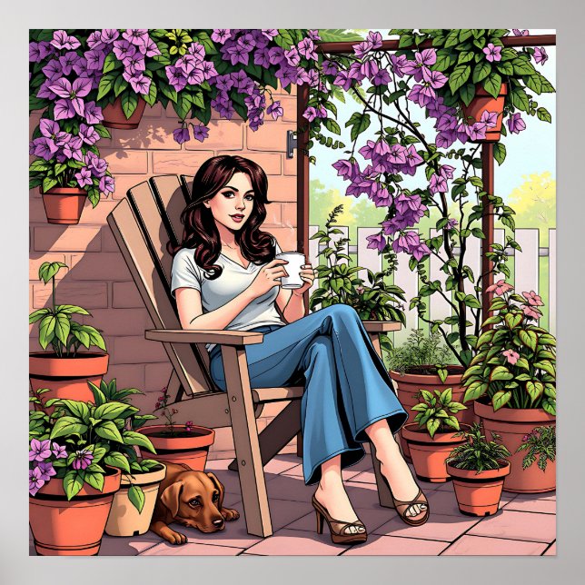 Pretty Lady Drinking Coffee Relaxing Outside Poster (Front)