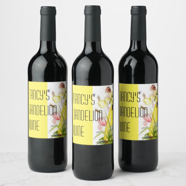 Pretty Lady garden flowers butterfly Dandelion  Wine Label (Bottles)