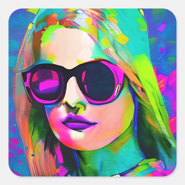 Pretty Lady in Sunglasses Unique Modern Art Square Sticker (Front)