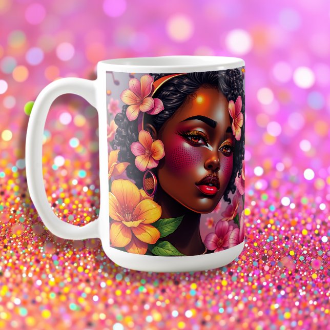 Pretty Lady of Colour Pink Flowers Musical Notes Coffee Mug (Creator Uploaded)