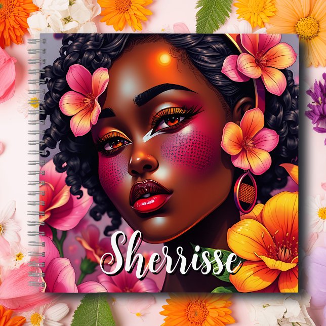 Pretty Lady of Colour Pink Flowers Personalised Notebook (Creator Uploaded)