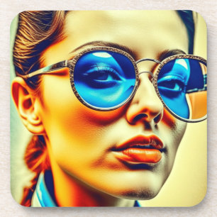 Pretty Lady with Blue Sunglasses with Reflection Coaster