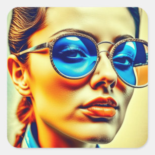 Pretty Lady with Blue Sunglasses with Reflection Square Sticker