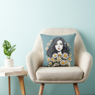 Pretty Lady With Daisy Bouquet Cushion