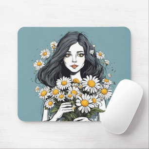 Pretty Lady With Daisy Bouquet Mouse Pad