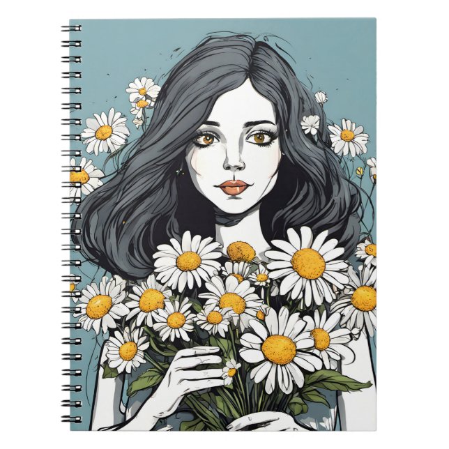 Pretty Lady With Daisy Bouquet Notebook (Front)