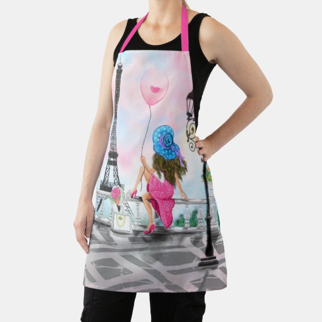 Pretty Lady with Pink Heart Balloon - I Love Paris Apron (Insitu)