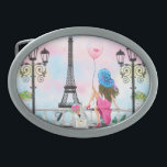 Pretty Lady with Pink Heart Balloon - I Love Paris Belt Buckle<br><div class="desc">Pretty Lady with Pink Heart Balloon - I Love Paris - Romantic Drawing - Choose / Add Your Unique Text / Font / Colour - Make Your Special Gift - Resize and move or remove and add elements - Image / text with customisation tool ! - Drawing and Design by...</div>